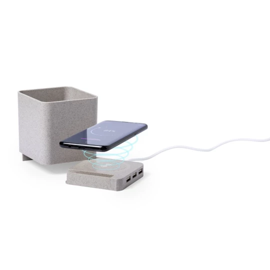 Ładowarka bezprzewodowa 5W ze słomy pszenicznej, hub USB 2.0, pojemnik na przybory do pisania, stojak na telefon (V0116-00)-1