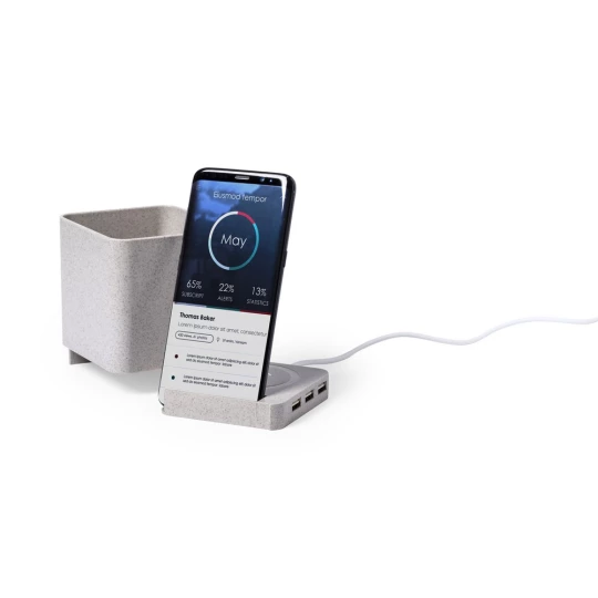 Ładowarka bezprzewodowa 5W ze słomy pszenicznej, hub USB 2.0, pojemnik na przybory do pisania, stojak na telefon (V0116-00)-1