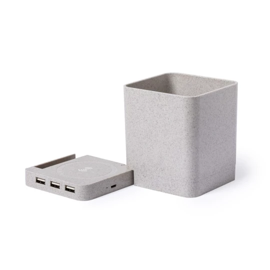 Ładowarka bezprzewodowa 5W ze słomy pszenicznej, hub USB 2.0, pojemnik na przybory do pisania, stojak na telefon (V0116-00)-1