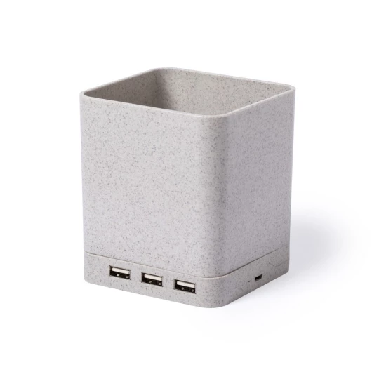 Ładowarka bezprzewodowa 5W ze słomy pszenicznej, hub USB 2.0, pojemnik na przybory do pisania, stojak na telefon (V0116-00)-1