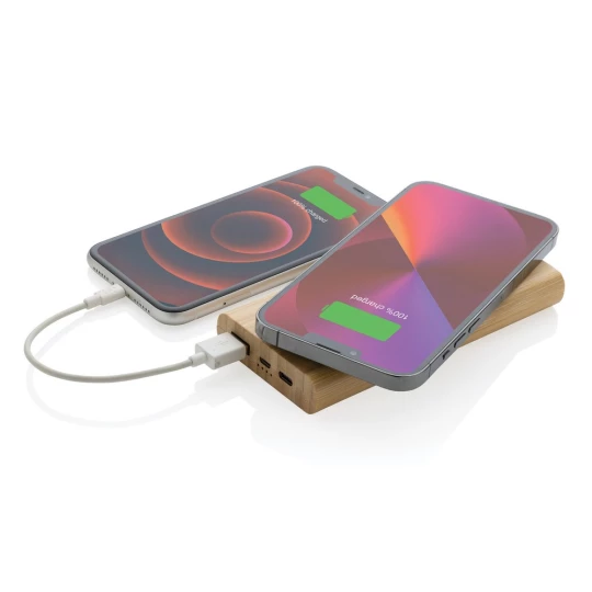Bambusowy, bezprzewodowy power bank 8000 mAh, ładowarka bezprzewodowa 5W (P322.359)-1