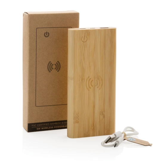 Bambusowy, bezprzewodowy power bank 8000 mAh, ładowarka bezprzewodowa 5W (P322.359)-1