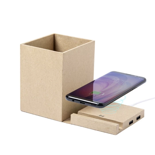 Składana ładowarka bezprzewodowa 5W z kartonu z recyklingu, hub USB 2.0, pojemnik na przybory do pisania, stojak na telefon (V0178-00)-1