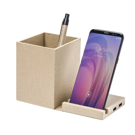 Składana ładowarka bezprzewodowa 5W z kartonu z recyklingu, hub USB 2.0, pojemnik na przybory do pisania, stojak na telefon (V0178-00)-1