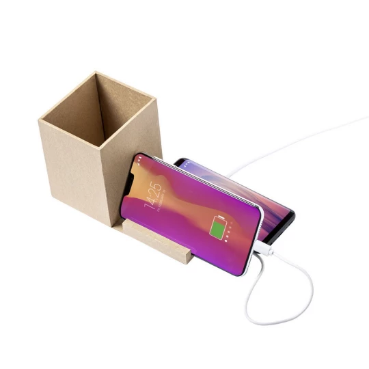 Składana ładowarka bezprzewodowa 5W z kartonu z recyklingu, hub USB 2.0, pojemnik na przybory do pisania, stojak na telefon (V0178-00)-1