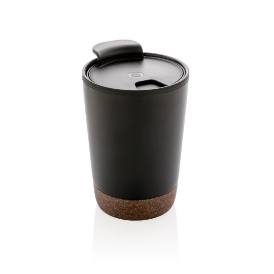 Start your day with your favourite beverage in this double wall coffee mug with recycled plastic inner and unique cork detail. Keeps your drinks warm for up to 3h and cold up to 6h. Made with GRS certified recycled materials. The inner is made from 1-1