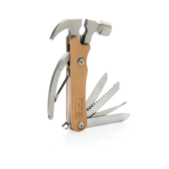 Hammer multi-tool made with FSC 100% beech wood, high hardness and corrosion resistant stainless steel (420). Rockwell hardness 42-52. The item comes with 10 functions: Plier, Nail Claw, Hammer, Wire cutter, File, Flat screwdriver, Bottle opener, Phi-1