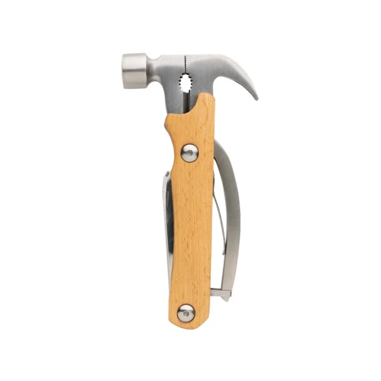 Hammer multi-tool made with FSC 100% beech wood, high hardness and corrosion resistant stainless steel (420). Rockwell hardness 42-52. The item comes with 10 functions: Plier, Nail Claw, Hammer, Wire cutter, File, Flat screwdriver, Bottle opener, Phi-1