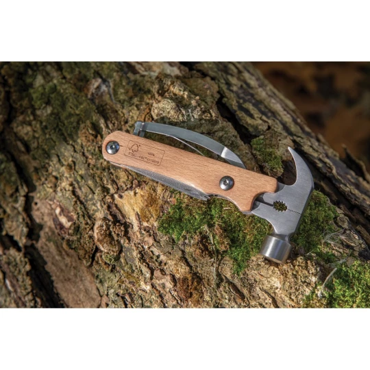 Hammer multi-tool made with FSC 100% beech wood, high hardness and corrosion resistant stainless steel (420). Rockwell hardness 42-52. The item comes with 10 functions: Plier, Nail Claw, Hammer, Wire cutter, File, Flat screwdriver, Bottle opener, Phi-1