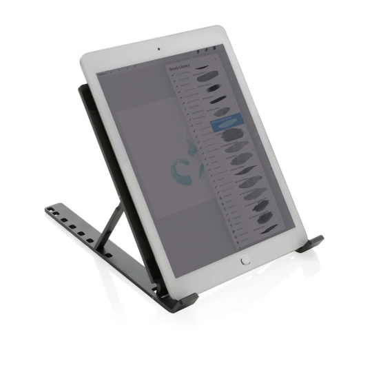 Aluminium laptop stand made with RCS (Recycled Claim Standard) certified recycled aluminium and TPU. Total recycled content: 99% based on total item weight. RCS certification ensures a completely certified supply chain of the recycled materials. The -1