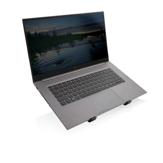Aluminium laptop stand made with RCS (Recycled Claim Standard) certified recycled aluminium and TPU. Total recycled content: 99% based on total item weight. RCS certification ensures a completely certified supply chain of the recycled materials. The -1
