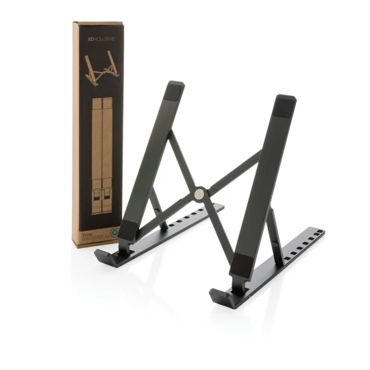 Aluminium laptop stand made with RCS (Recycled Claim Standard) certified recycled aluminium and TPU. Total recycled content: 99% based on total item weight. RCS certification ensures a completely certified supply chain of the recycled materials. The -1