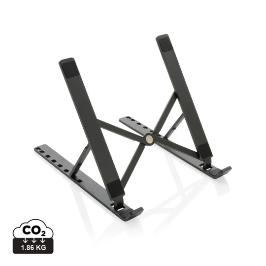 Aluminium laptop stand made with RCS (Recycled Claim Standard) certified recycled aluminium and TPU. Total recycled content: 99% based on total item weight. RCS certification ensures a completely certified supply chain of the recycled materials. The -1