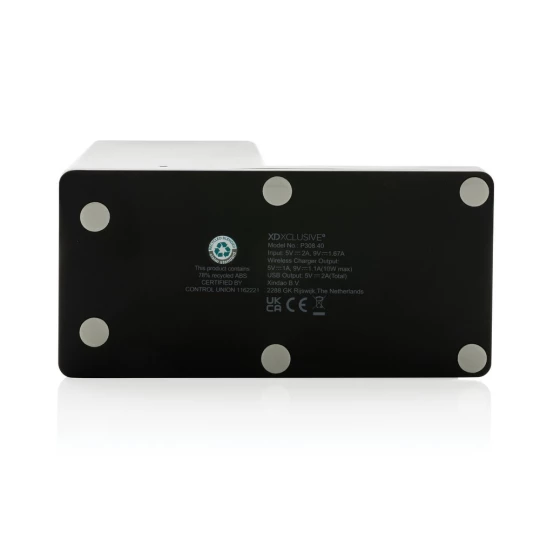 10W fast wireless charger with pen holder made with RCS (Recycled Claim Standard) certified recycled ABS. Total recycled content: 78% based on total item weight. RCS certification ensures a completely certified supply chain of the recycled materials.-1