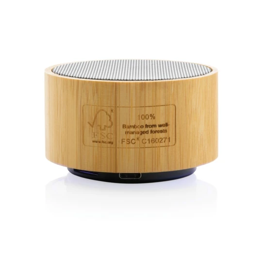 3W wireless speaker made with FSC® 100% bamboo casing and RCS (Recycled Claim Standard) certified recycled ABS. Total recycled content: 16% based on total item weight. RCS certification ensures a completely certified supply chain of the recycled mate-1