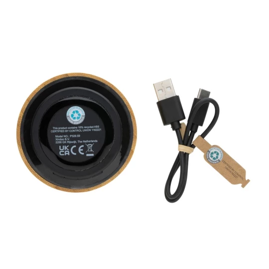 3W wireless speaker made with FSC® 100% bamboo casing and RCS (Recycled Claim Standard) certified recycled ABS. Total recycled content: 16% based on total item weight. RCS certification ensures a completely certified supply chain of the recycled mate-1