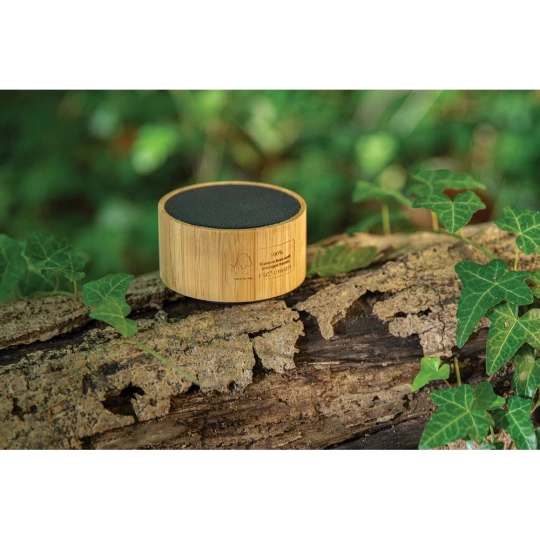 3W wireless speaker made with FSC® 100% bamboo casing and RCS (Recycled Claim Standard) certified recycled ABS. Total recycled content: 16% based on total item weight. RCS certification ensures a completely certified supply chain of the recycled mate-1