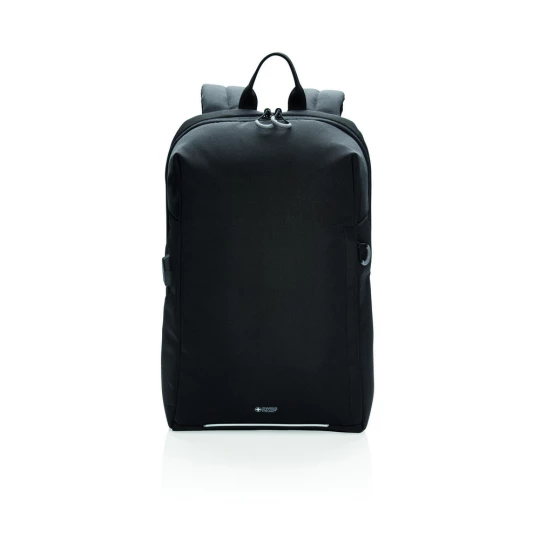 This stylish carry-on laptop backpack is intended for business and leisure trips. It’s designed with a padded 15.6