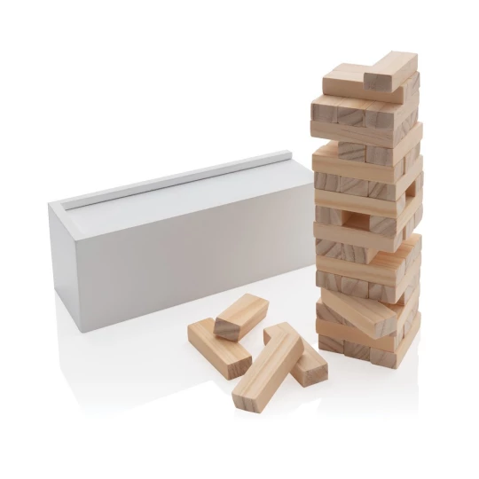 How high can you go? See how high you can stack the wooden blocks before they tumble with this fun tumbling tower game. The 48 blocks can be easily put away in the wooden box with lid. Made with FSC®certified wood. Comes in FSC®certified kraft gift p-1
