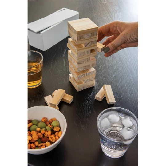 How high can you go? See how high you can stack the wooden blocks before they tumble with this fun tumbling tower game. The 48 blocks can be easily put away in the wooden box with lid. Made with FSC®certified wood. Comes in FSC®certified kraft gift p-1