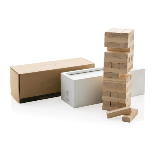 How high can you go? See how high you can stack the wooden blocks before they tumble with this fun tumbling tower game. The 48 blocks can be easily put away in the wooden box with lid. Made with FSC®certified wood. Comes in FSC®certified kraft gift p-1
