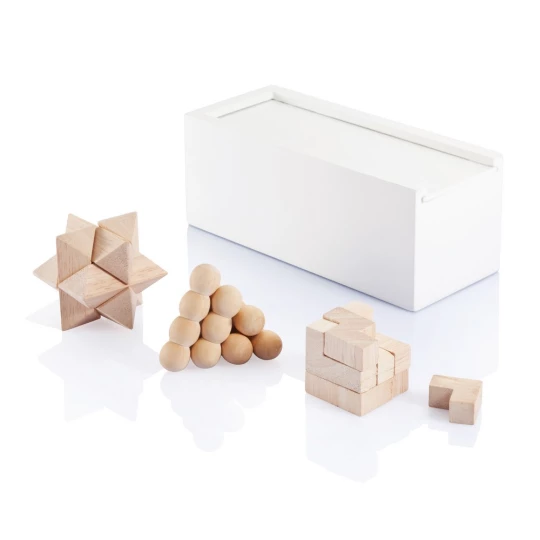 Exercise your mind like you exercise your muscles! Brain teaser toys are an ultra-fun way to better your analysing and problem-solving skills. This brain teaser set contains 3 puzzles and comes in a white painted pine wooden box. Made with FSC®certif-1
