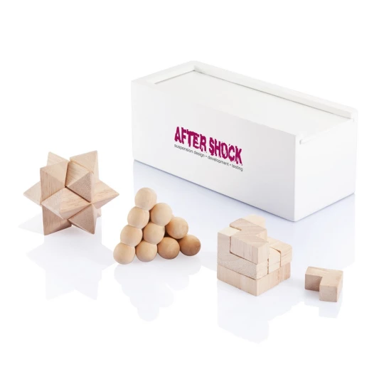 Exercise your mind like you exercise your muscles! Brain teaser toys are an ultra-fun way to better your analysing and problem-solving skills. This brain teaser set contains 3 puzzles and comes in a white painted pine wooden box. Made with FSC®certif-1