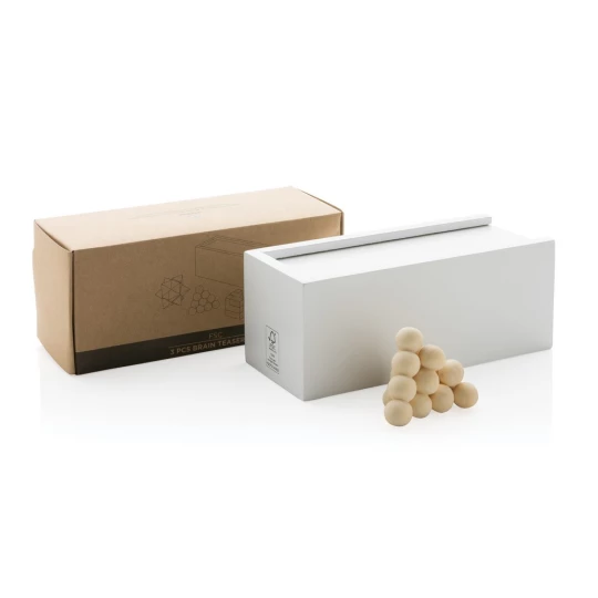 Exercise your mind like you exercise your muscles! Brain teaser toys are an ultra-fun way to better your analysing and problem-solving skills. This brain teaser set contains 3 puzzles and comes in a white painted pine wooden box. Made with FSC®certif-1