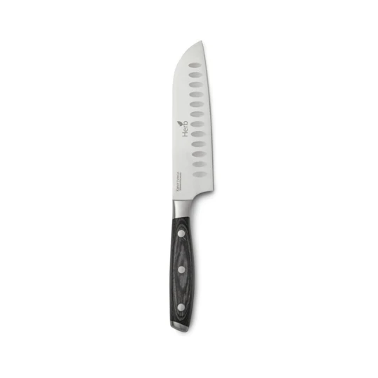 Santoku knife made of X50CrMoV15 German steel with a Pakkawood handle. The easy-grip handle and superb balance in the blade makes the knife comfortable and easy to work with. Size: 14 cm blade. (VG008-32)-1