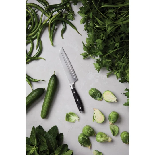 Santoku knife made of X50CrMoV15 German steel with a Pakkawood handle. The easy-grip handle and superb balance in the blade makes the knife comfortable and easy to work with. Size: 14 cm blade. (VG008-32)-1