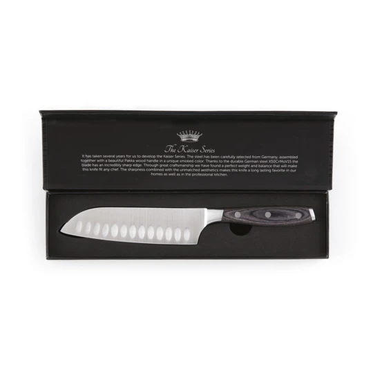Santoku knife made of X50CrMoV15 German steel with a Pakkawood handle. The easy-grip handle and superb balance in the blade makes the knife comfortable and easy to work with. Size: 14 cm blade. (VG008-32)-1