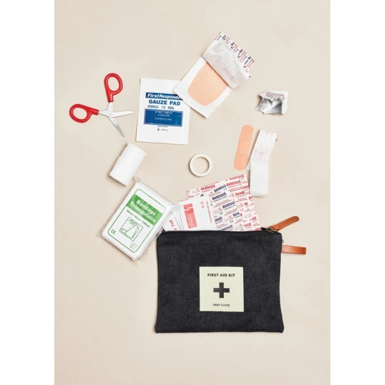A first aid kit from our popular Asado-series. The fabric bag with a zipper contains everything you need in case of minor accidents such as band-aids, scissors, bandages, etc. Packed in a plastic bag. (VG020-03)-1