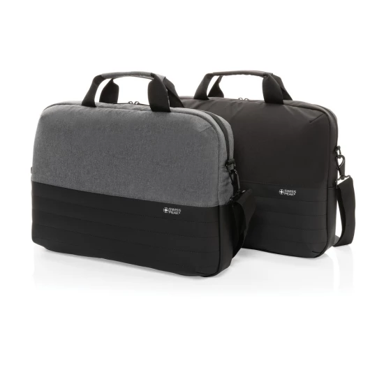 This Swiss Peak AWARE™ 15.6” laptop bag offers unique style and storage for your laptop and tablet. With pockets to organise all of your tech gadgets and personal accessories. RFID pockets for your wallet and passport. Connect your power bank easily -1