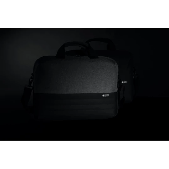 This Swiss Peak AWARE™ 15.6” laptop bag offers unique style and storage for your laptop and tablet. With pockets to organise all of your tech gadgets and personal accessories. RFID pockets for your wallet and passport. Connect your power bank easily -1