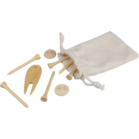 Set mit Golfzubehör aus Holz, bestehend aus 6 Holztees, 1 Bambus-Pitchgabel, 2 Holzmarkern, verpackt in einer Baumwolltasche mit Kordelzug und Anhänger im Inneren (VA881-16)-1