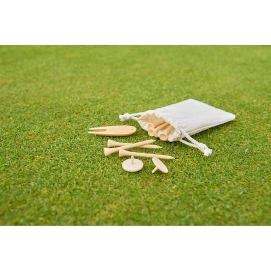 Set mit Golfzubehör aus Holz, bestehend aus 6 Holztees, 1 Bambus-Pitchgabel, 2 Holzmarkern, verpackt in einer Baumwolltasche mit Kordelzug und Anhänger im Inneren (VA881-16)-1