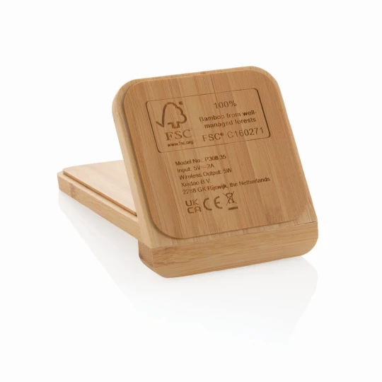 Bambusowa ładowarka bezprzewodowa 5W, stojak na telefon (P308.359)-1