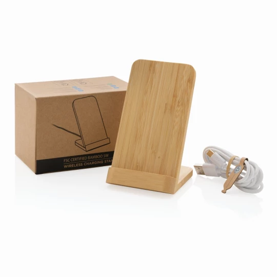 Bambusowa ładowarka bezprzewodowa 5W, stojak na telefon (P308.359)-1
