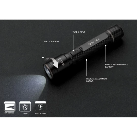 Kieszonkowa latarka Gear X, ładowana przez USB, aluminium z recyklingu (P513.901)-1