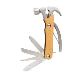 Hammer multi-tool made with FSC 100% beech wood, high hardness and corrosion resistant stainless steel (420). Rockwell hardness 42-52. The item comes with 10 functions: Plier, Nail Claw, Hammer, Wire cutter, File, Flat screwdriver, Bottle opener, Phi-2