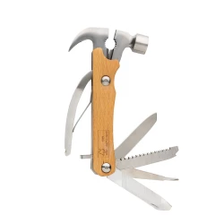 Hammer multi-tool made with FSC 100% beech wood, high hardness and corrosion resistant stainless steel (420). Rockwell hardness 42-52. The item comes with 10 functions: Plier, Nail Claw, Hammer, Wire cutter, File, Flat screwdriver, Bottle opener, Phi-3