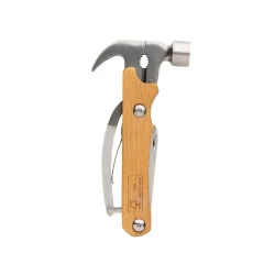 Hammer multi-tool made with FSC 100% beech wood, high hardness and corrosion resistant stainless steel (420). Rockwell hardness 42-52. The item comes with 10 functions: Plier, Nail Claw, Hammer, Wire cutter, File, Flat screwdriver, Bottle opener, Phi-4