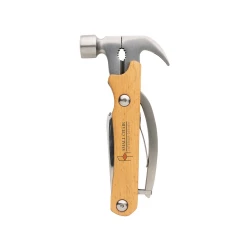 Hammer multi-tool made with FSC 100% beech wood, high hardness and corrosion resistant stainless steel (420). Rockwell hardness 42-52. The item comes with 10 functions: Plier, Nail Claw, Hammer, Wire cutter, File, Flat screwdriver, Bottle opener, Phi-6
