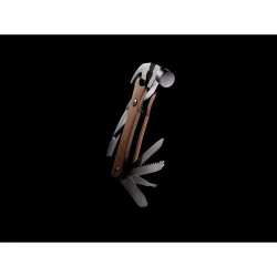 Hammer multi-tool made with FSC 100% beech wood, high hardness and corrosion resistant stainless steel (420). Rockwell hardness 42-52. The item comes with 10 functions: Plier, Nail Claw, Hammer, Wire cutter, File, Flat screwdriver, Bottle opener, Phi-8