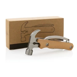 Hammer multi-tool made with FSC 100% beech wood, high hardness and corrosion resistant stainless steel (420). Rockwell hardness 42-52. The item comes with 10 functions: Plier, Nail Claw, Hammer, Wire cutter, File, Flat screwdriver, Bottle opener, Phi-9