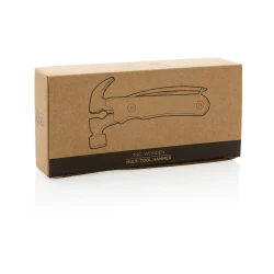 Hammer multi-tool made with FSC 100% beech wood, high hardness and corrosion resistant stainless steel (420). Rockwell hardness 42-52. The item comes with 10 functions: Plier, Nail Claw, Hammer, Wire cutter, File, Flat screwdriver, Bottle opener, Phi-10