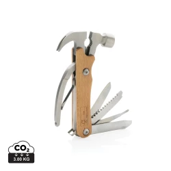 Hammer multi-tool made with FSC 100% beech wood, high hardness and corrosion resistant stainless steel (420). Rockwell hardness 42-52. The item comes with 10 functions: Plier, Nail Claw, Hammer, Wire cutter, File, Flat screwdriver, Bottle opener, Phi-11