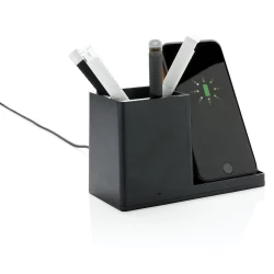 10W fast wireless charger with pen holder made with RCS (Recycled Claim Standard) certified recycled ABS. Total recycled content: 78% based on total item weight. RCS certification ensures a completely certified supply chain of the recycled materials.-2