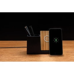 10W fast wireless charger with pen holder made with RCS (Recycled Claim Standard) certified recycled ABS. Total recycled content: 78% based on total item weight. RCS certification ensures a completely certified supply chain of the recycled materials.-10