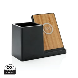 10W fast wireless charger with pen holder made with RCS (Recycled Claim Standard) certified recycled ABS. Total recycled content: 78% based on total item weight. RCS certification ensures a completely certified supply chain of the recycled materials.-11